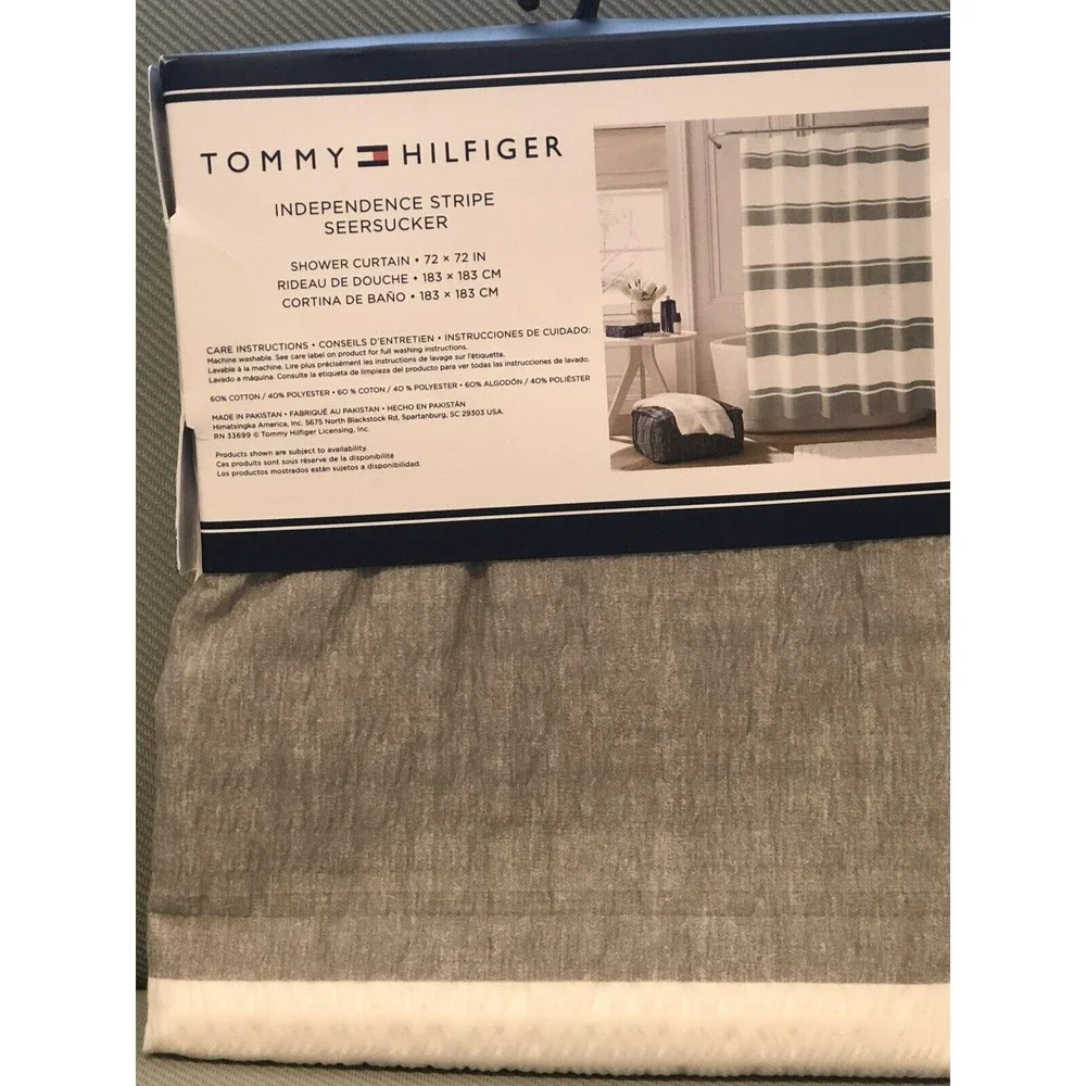 Tommy Hilfiger White Gray Independence Stripe Sheersucker Fabric Shower Curtain